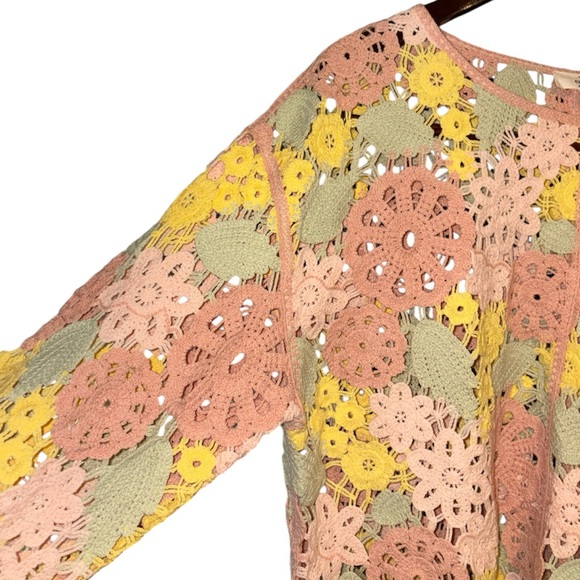 Entro Knit Crochet Floral Multi Color Pastel Cropped Long Sleeve Lace Top Small - Picture 6 of 14